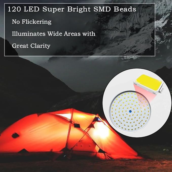 Solar Camping Lights 120 LED Tent Lamp 4500mah 5 Mode USB Rechargeable Remote Control Portable Lantern Hanging Waterproof for Home Indoor Outdoor Emergency Courtyard 1 Pack