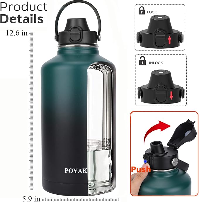 Water Bottle Insulated 32oz 40oz 64oz 128oz Straw Lid Spout Lid & 3 Lids, Leak Proof, Vacuum Insulated,Stainless Steel Water Bottle Wide Mouth for Sports, Gym or Office