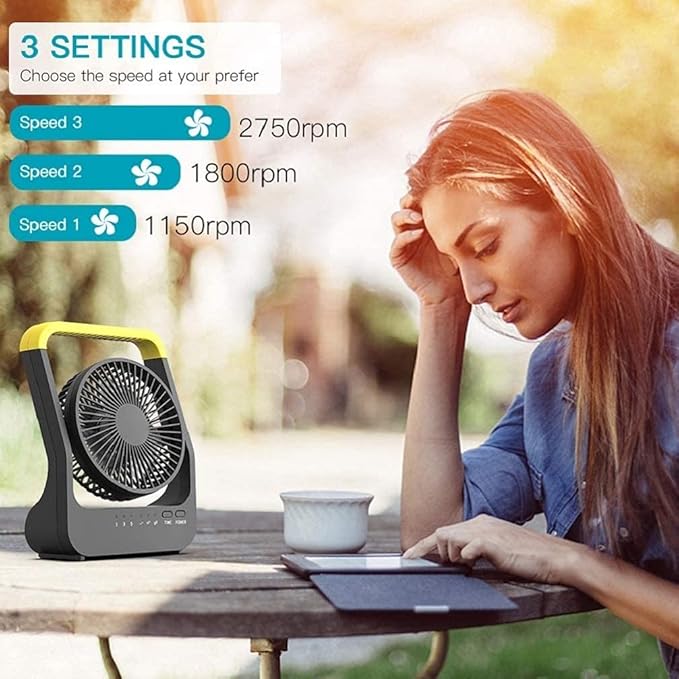Portable Desk Fan, D Battery Operated Fan for Hurricane, Powered Fan by USB Cable 214H Long Lasting with Timer 6'' Portable for Outdoor Camping Quiet 3 Speeds for Office Bedroom