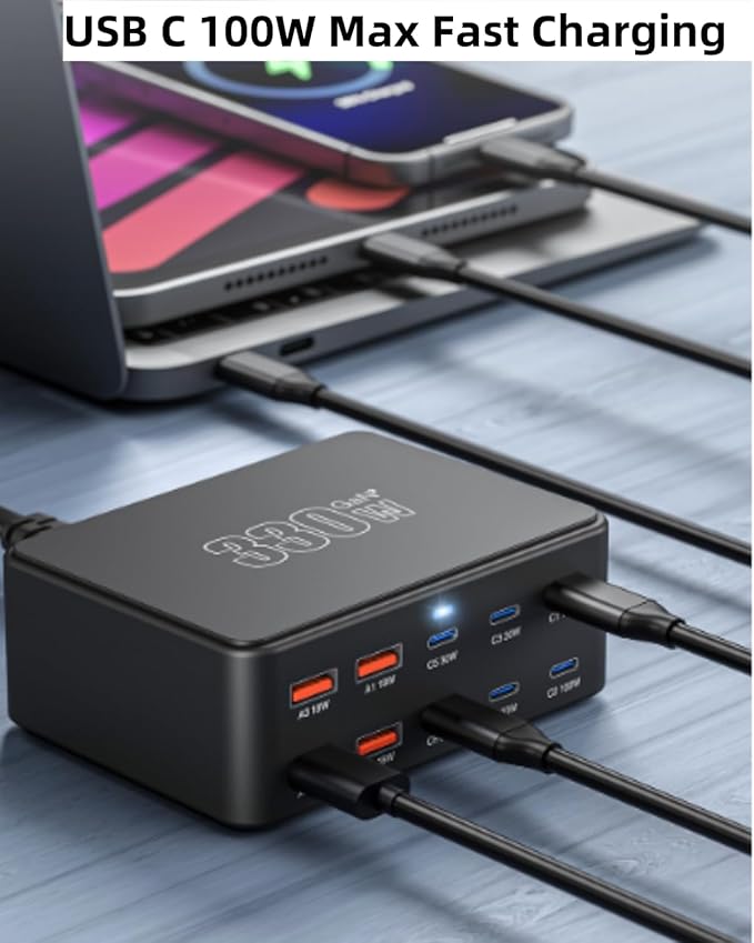 USB C Charging Station 330W, USB C Charger Charging Hub 10 Power Port for Multiple Devices with PD 100W 65W 30W QC3.0 18W Fast Charging Power Stock Station for iPhone 15, iPad Air/Pro, Galaxy