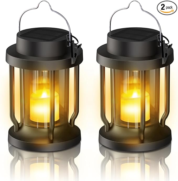 Solar Lantern Outdoor Indoor Use – Hanging Solar Lights with Realistic Flickering Flameless Candle, Weatherproof for Garden Decor, Patios, Trees, and Lawns (Black, 2 Pack)