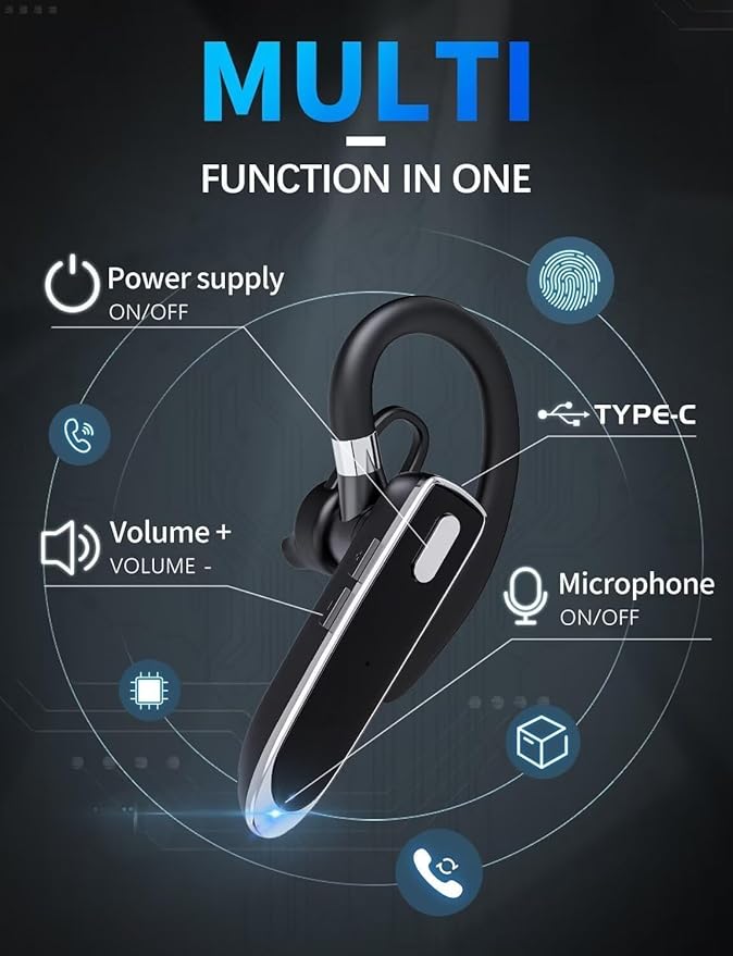 Bluetooth Headset Single Ear Business Earbuds, Wireless Headphones with Mic, Wireless Earbuds with 800mAh Charging Case, 100 Hours Standby Time Bluetooth Earpiece, Earphones for Work,Trucker, Office