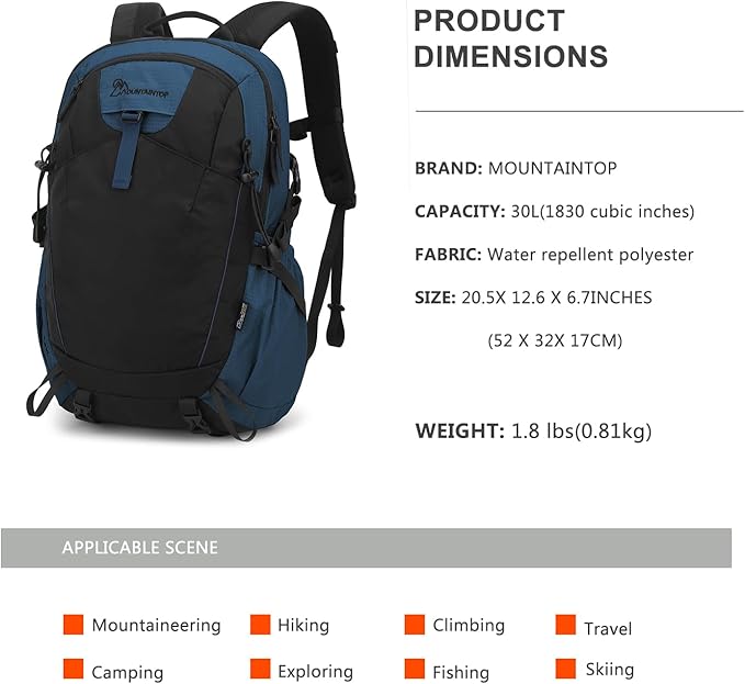 MOUNTAINTOP 30L Hiking Backpack,Men Women Camping Backpack,Lightweight Trekking Travel Backpacks for Climbing Skiing Cycling