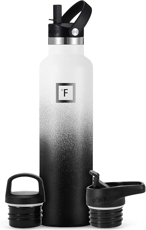 IRON °FLASK Camping & Hiking Hydration Canteens - 3 Lids (Narrow Straw Lid) Leak Proof Vacuum Insulated Stainless Steel - Hot & Cold Double Walled Sports Water Bottle - Day & Night, 24 Oz