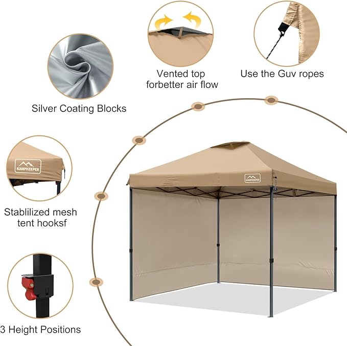 KAMPKEEPER 10x10 Pop Up Canopy Tent with 2 Sidewalls, Beach Tent - Easy Outdoor Sun Shade for Events, Parties, Camping - Gazebo with 4 Weight Bags & Carry Bag.（Khaki）