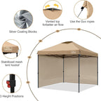 KAMPKEEPER 10x10 Pop Up Canopy Tent with 2 Sidewalls, Beach Tent - Easy Outdoor Sun Shade for Events, Parties, Camping - Gazebo with 4 Weight Bags & Carry Bag.（Khaki）