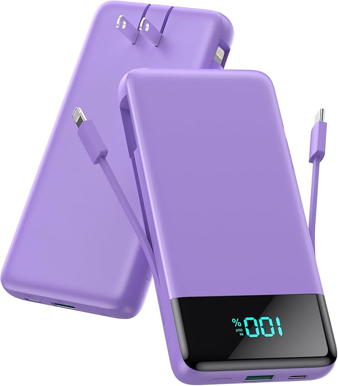 Portable Charger for iPhone with Built in Cables and Wall Plug,Upgraded 13800mAh Fast Charging USB C Power Bank,4 Outputs Travel Essential Battery Pack Compatible with iPhone 15/14/13,Samsung-Purple
