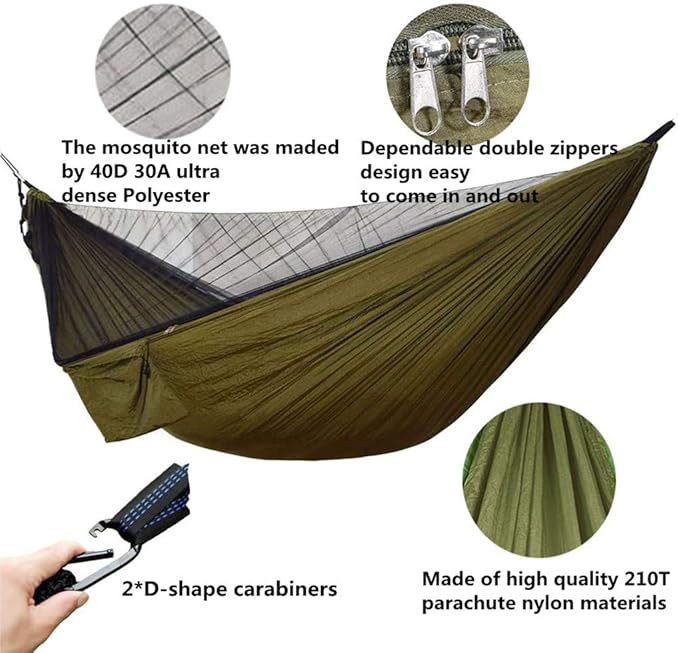 Camping Hammock with Rain Fly Tarp and Mosquito Net with Tree Straps，1/2 Person Portable Hammocks with Rain Cover for Indoor Outdoor Backpacking Hiking Travel Yard Activities Green