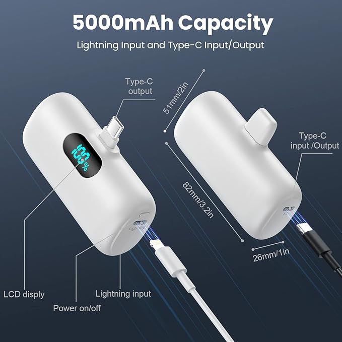 Mini Portable Charger 5000mAh Power Bank,15W PD USB C Cell Phone Portable Power, LCD Display Battery Pack Compatible With iPhone 15/15 Plus/15 Pro/15 Pro Max/Android/Samsung/Moto/LG (Type-C Only)