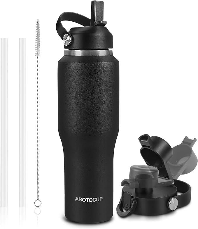 32oz Black Water Bottle Stainless Steel, Keep Cold 24H&Hot 12H, Water Bottle with Straw&Spout Lids, Insulated Water Bottle Double Wall Vacuum, Fit in Any Car Cup Holder, Leak-proof BPA Free