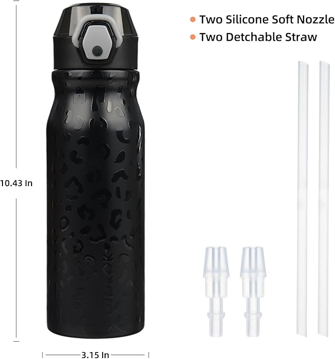 BJPKPK 25oz Insulated Water Bottle With Straw Stainless Steel Double Wall Water Bottles BPA Free Leak Proof Thermo With Lockable Flip Lid And Soft Silicone Spout,Black Leopard