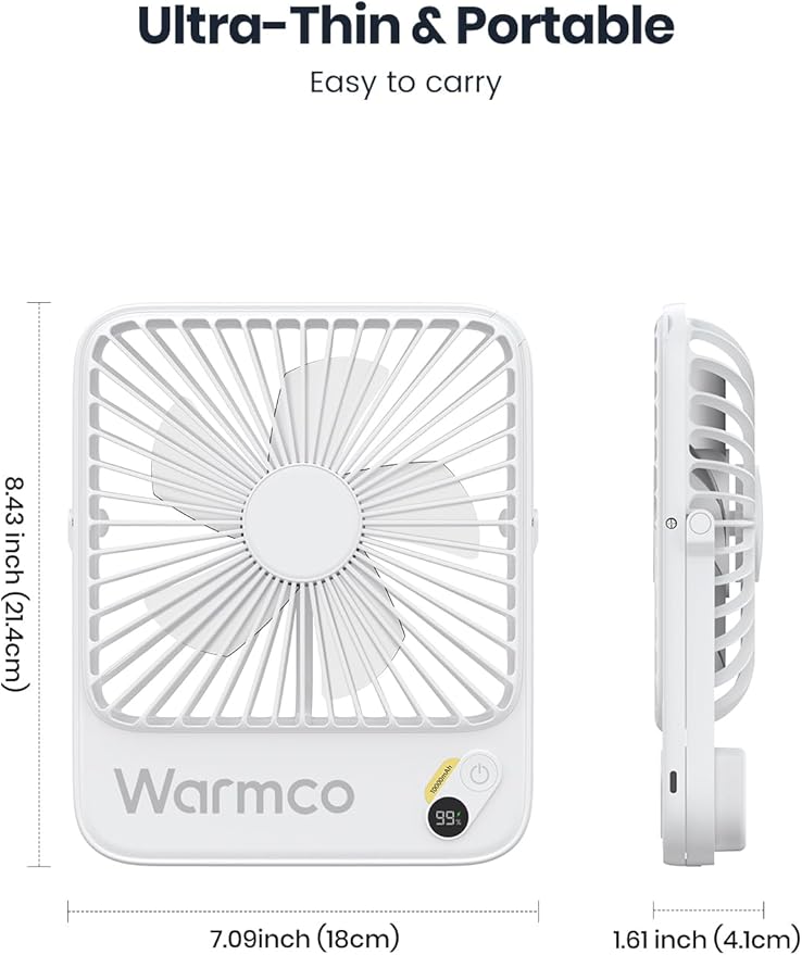 Warmco 10000mAh Portable Travel Fan 7-inch, [10-24H Runtime] Ultra-thin Digital Display Mini Desk Battery Operated Fan for Bedroom, Camping, Cruise Essentials 2025