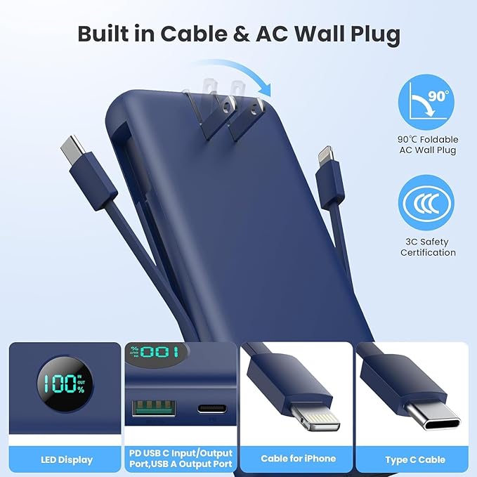 Portable Charger 13800mAh Slim USB C Power Bank with Built in Cables and Wall Plug,LCD Display Lightweight Travel Battery Pack,PD Fast Charging Compatible with iPhone 15,14,Samsung Android-Navy
