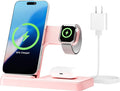 Wireless Charging Station for Apple Devices: 3 in 1 Foldable Qi Compact Case-Friendly Charger Stand for iPhone 17-12 & Apple Watch & AirPods Charging Dock for Travel Home Office Desk Nightstand (Pink)