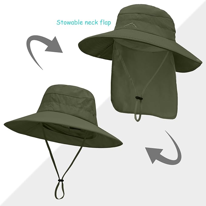 Sun Hats for Men Women, UPF50+ Protection Safari Hat,Wide Brim Fishing Hat with Neck Flap,Bucket Hats for Beach Hiking