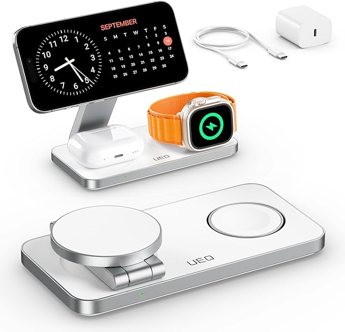 Foldable 3 in 1 Wireless Charging Station for Apple Compatible with Magsafe Charger Stand,Magnetic Wireless Charger Station for iPhone 17 Air 16 15 14 13 12 Series,Airpods Pro,Apple Watch (White)