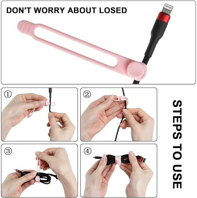 16Pcs Silicone Cable Straps Wire Organizer for Bundling Earphone, Phone Charger, Computer Cords, Reusable Cable Ties Cord Organizer in Home,Office,Kitchen,School(Pink)