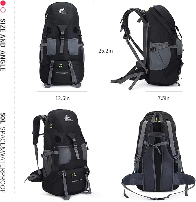 Bseash 50L Hiking Backpack, Water Resistant Lightweight Outdoor Sport Daypack Travel Bag for Camping Climbing Skiing Cycling (Black - No Shoe Compartment)