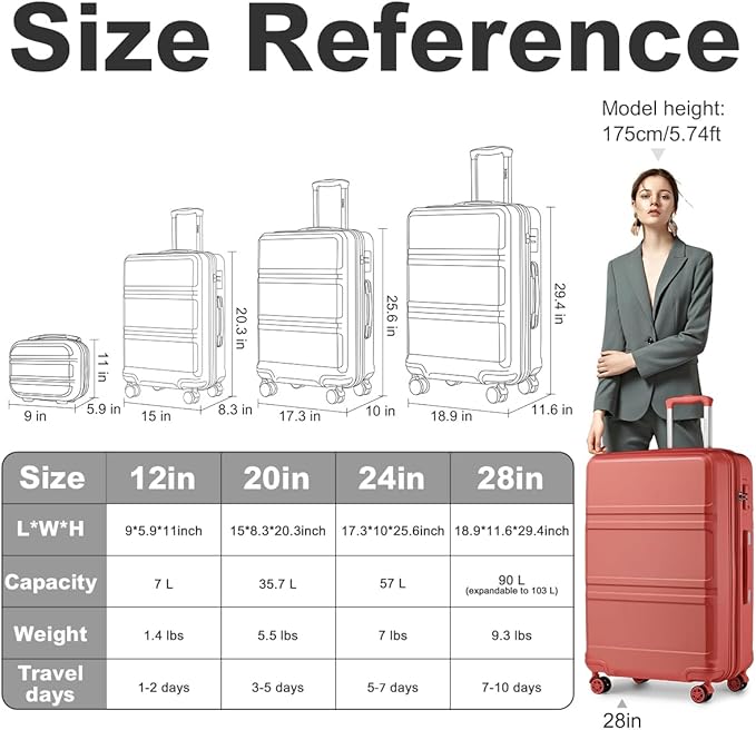 Kono 4 Piece Luggage Sets Expandable(only 28") Lightweight with Spinner Wheels TSA Lock Hardside Travel Rolling Suitcases 20in 24in 28in Carry on and 12in Mini Cosmetic Case Coral Pink