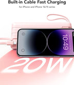 VRURC Portable Charger, 20000mAh Power Bank Fast Charging, Built-in Micro & USB C Three Cables, 4 Output 2 Input LED Display Charging Bank for iPhone, Samsung, Android etc-Pink (1 Pack)