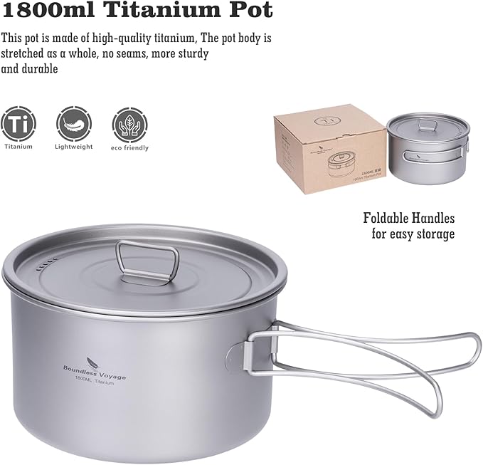 Boundless Voyage Titanium Pot Portable Camping Cookware Lightweight Cooking Pot Set for Outdoor Cooking Traveling Backpacking Hiking Trekking Picnic