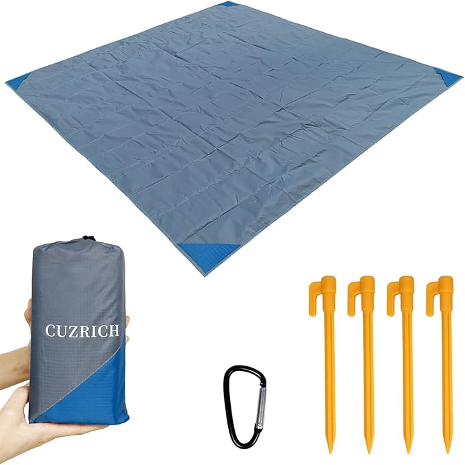 Medium Picnic Mat 6FT Lightweight Camping Tarp Tent Blankets Pocket Beach Blanket Foldable Washable Picnic Rug Quick Dry Compact Beach Mats Hiking Outdoor Essentials(Gray/Blue,78"*83"/6.56ft×6.89ft)