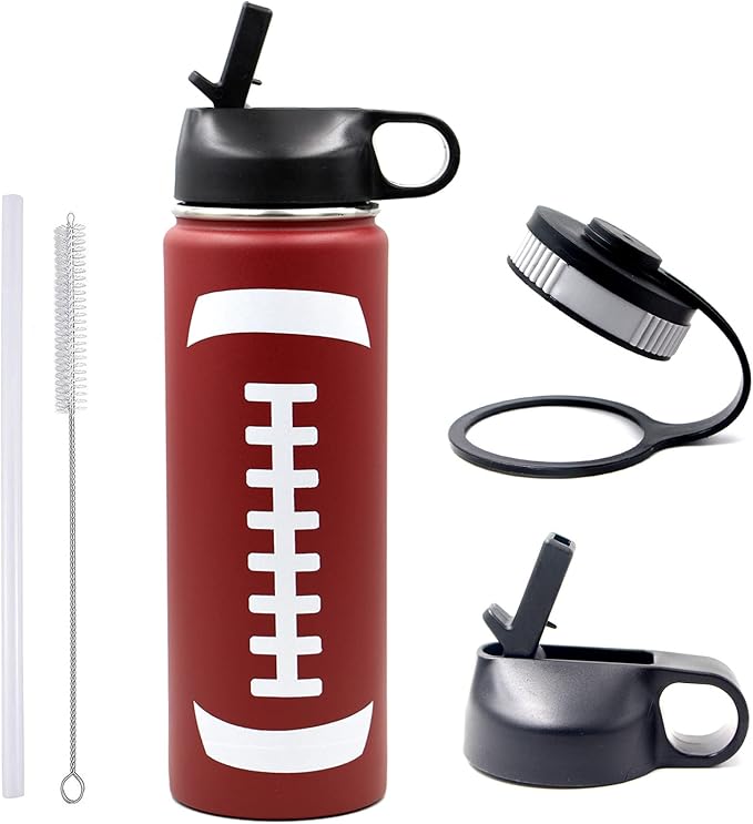 22 oz Football Water Bottle, Sports Cup Flask Metal Thermo Travel Mug with 2 Lids, Stainless Steel Double Wall Vacuum Leakproof Insulated Water Bottles, Football Accessories Stuff Gifts for Boys Girls