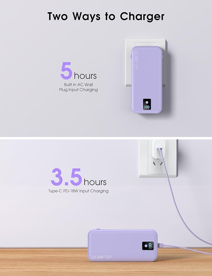 Portable Charger, 12000mAh 22.5W Fast Charging Power Bank with Built-in Cables & Wall Plug, Travel Essential Battery Pack with LED Display, USB C Battery Phone Charger for iPhone, iPad, Samsung Purple