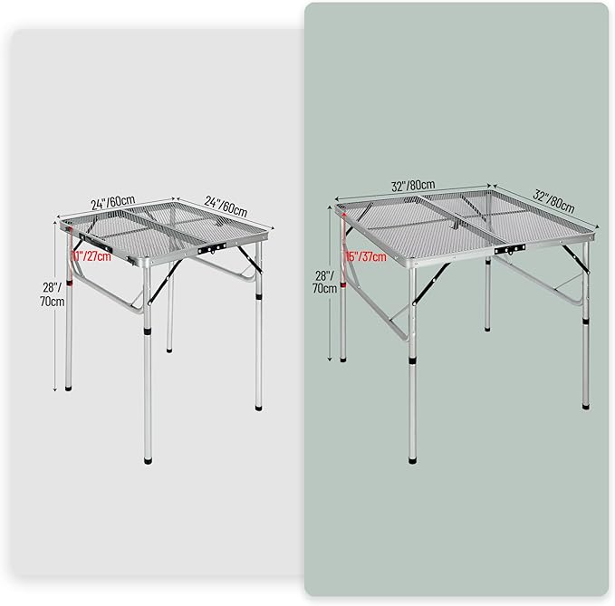 REDCAMP Folding Portable Grill Table for Outside, Lightweight Aluminum Metal Grill Stand Table for Camping Cooking BBQ RV Picnic,Easy to Assemble with Adjustable Heights Legs,Silver 32”x32”