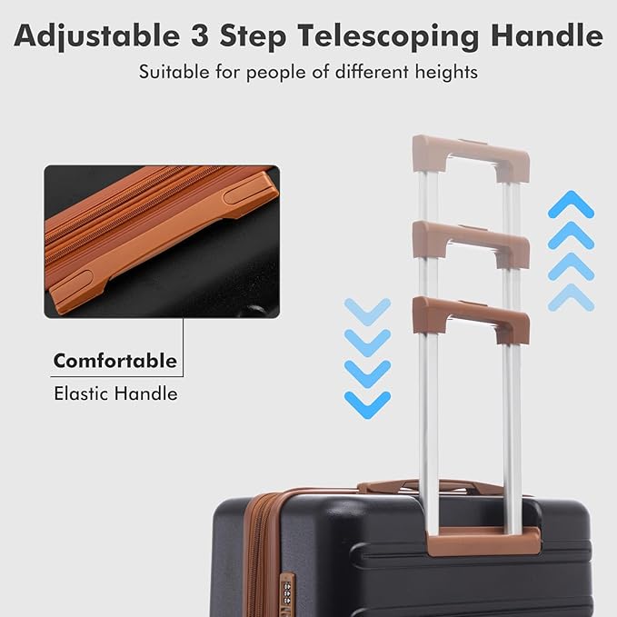 luggage sets 3 Piece with Spinner Wheel,100% PC Material Lightweight Durable,Expandable Carry On Travel Hardside Suitcase sets with TSA Lock for Men and Women (Black+brown)