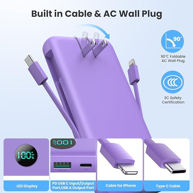 Portable Charger 13800mAh Slim USB C Power Bank with Built in Cables and Wall Plug,LCD Display Lightweight Travel Battery Pack,PD Fast Charging Compatible with iPhone 15,14,Samsung Android-Purple