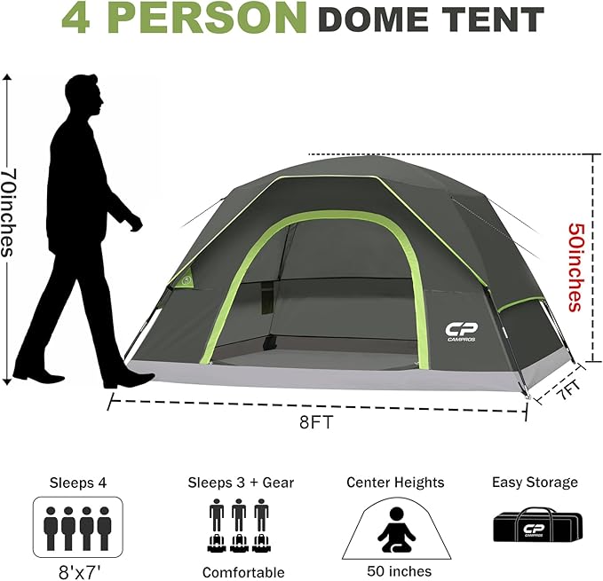 CAMPROS CP Tents for Camping 4 Person Tent Waterproof Windproof Double Layer Camping Tent, Easy Setup Dome Tent with Large Mesh Windows & Wider Door for Outdoor Camping & Hiking