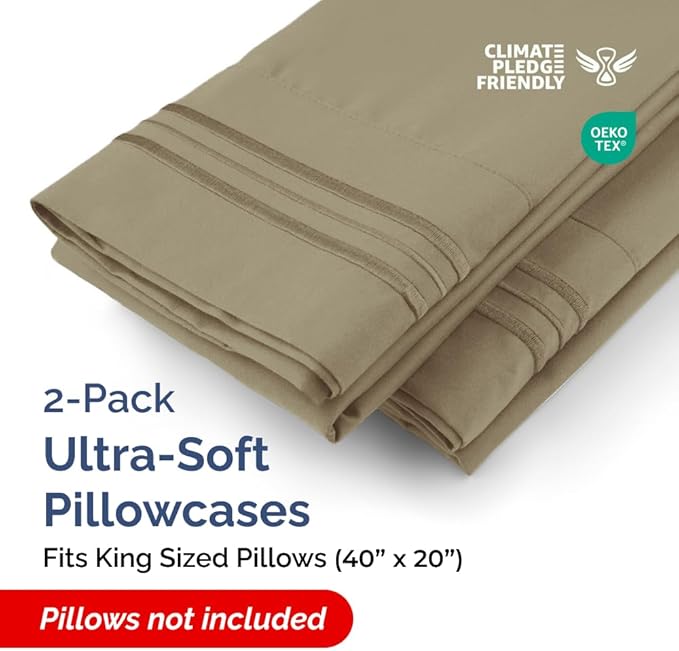 King Pillow Cases Set of 2 - Ultra Soft Hotel Quality Pillowcase Covers - Luxury Comfy Cozy Bedding for Women, Men, Kids & Teens - Machine Washable Pillow Protectors - 2 Pieces Set - King Size Khaki