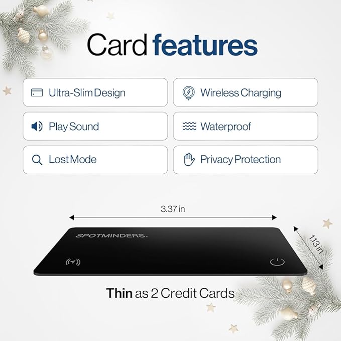 SPOTMINDERS Apple MFI Certified Wallet Tracking Card Black 4-Pack - Works with Apple Find My Rechargeable Tracker IP68 Waterproof 0.07in Slim iPhone Item Finder Smartcard for Luggage Tags Purse Keys