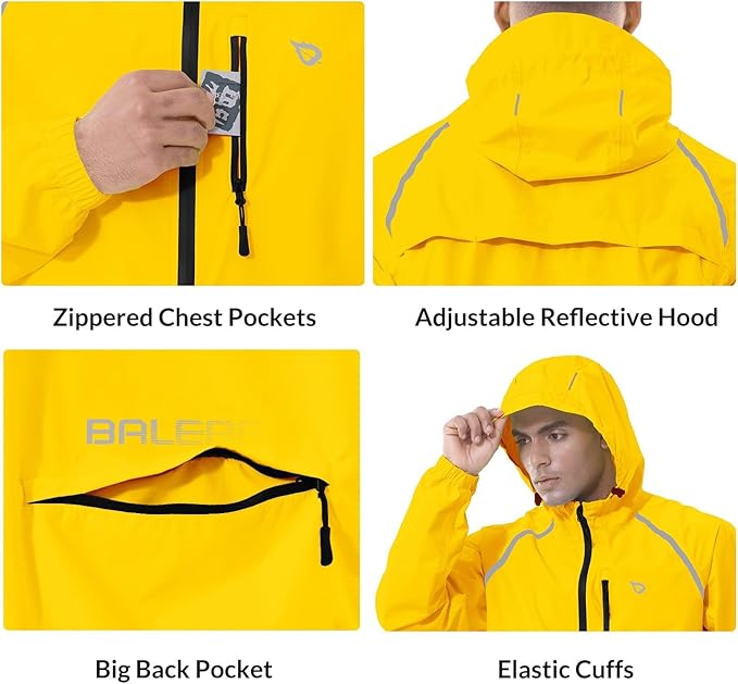 baleaf Men's Rain Jacket Waterproof Windbreaker Raincoat Running Cycling Hiking Gear Hood Lightweight Reflective Packable