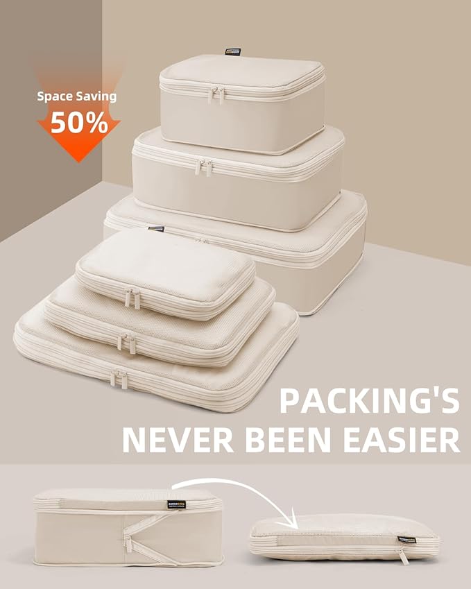 6 Set Compression Packing Cubes, Suitcase Storage Bags for Clothes and Travel Essentials (Cream White)