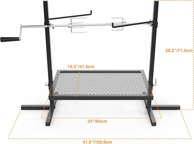 only fire Adjustable Grill Rotisserie System and Spit, Over Fire Camp Grill with Cooking Grate for Outdoor Open Flame Cooking