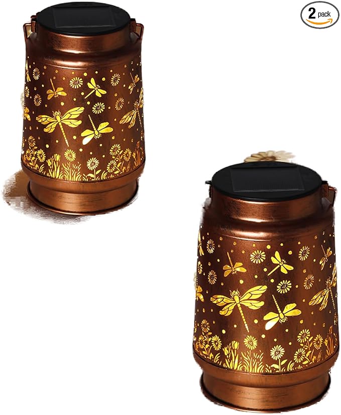 2 Pack Dragonfly Solar Lanterns Outdoor Waterproof Rose Garden Decor Gifts for Women Mom Grandma Hanging Solar Lights Metal Lantern Decoration Outside for Yard,Patio,Backyard,Porch