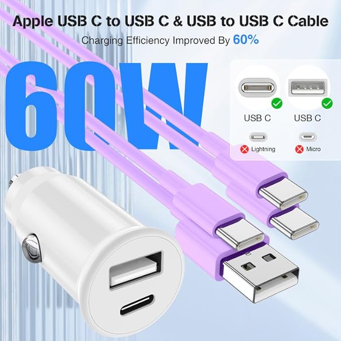 USB C Car Charger for iPhone 17 16 15 Pro Max,40W Dual Port USB-C & USB-A Car Fast Charging Adapter, 2X3FT C to C Cable & A to C Carplay Cable for iPhone 17 16 15 Series/iPhone Air,iPad,Samsung-Purple