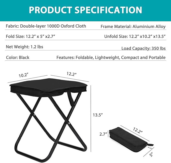 13.5-inch Lightweight Aluminum Folding Stool - Portable Compact Camping Stool Supports 350lbs, Handbag Style Carry - Ideal for Camping, Fishing, Backpacking, Outdoor, Travel