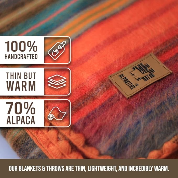 ALPAKITAS Alpaca Wool Blanket Throw | Large, Beautiful, Warm, Stripes | 64 x 45 inches | Ultra-Soft, Hypoallergenic and Breathable | Non-Itchy or Scratchy (Orange)