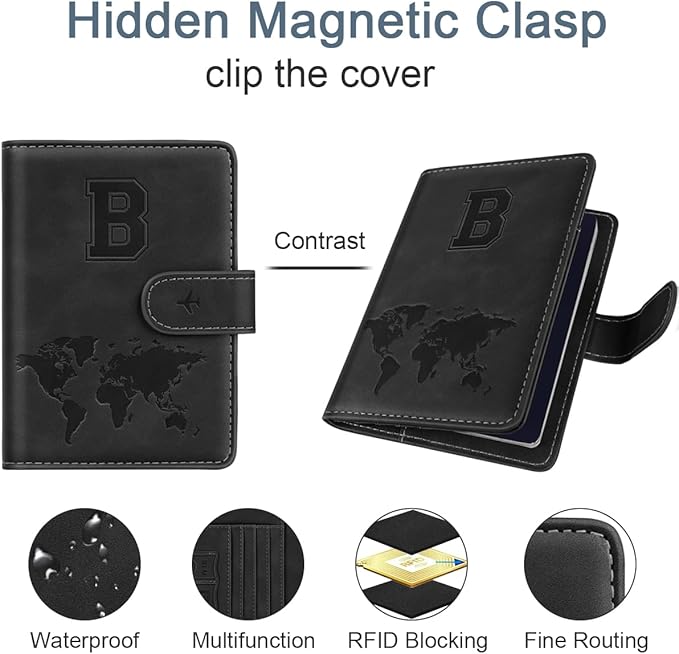 Passport Holder Wallet Cover Personalized Letter A-Z Travel Wallet RFID Blocking Passport Cover Wallet Case for Travel Passport Book Holders for Women and Men, Black-B