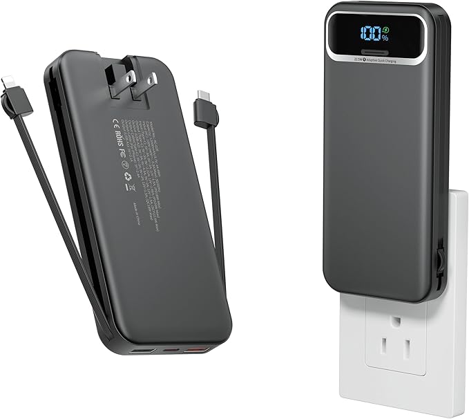 12000mAh Lightweight-Portable-Charger-Power-Bank with Built-in Cables and AC Wall Plug, PD20W USB-C Fast Charging Battery Pack, LED Display External Travel Phone Charger for All iPhone,Samsung,Android