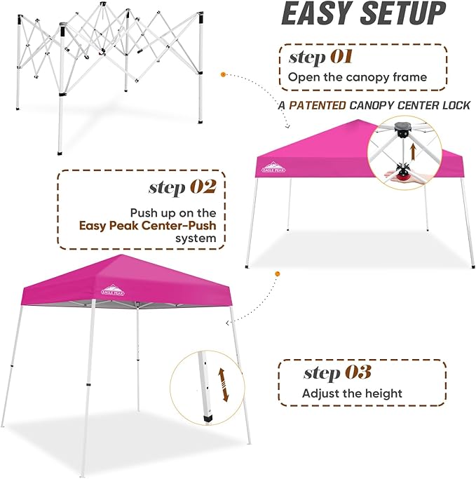EAGLE PEAK 8x8 Slant Leg Pop-up Canopy Tent Easy One Person Setup Instant Outdoor Beach Canopy Folding Portable Sports Shelter 8x8 Base 6x6 Top (Pink)