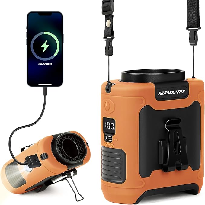 Portable Waist Fan Clip on, Personal Wearable Belt Fan 10000mAh Rechargeable Battery Under Shirt,5 Speeds with light, Neck Fan Hands-Free Cooling For Outdoor Camping Travel (Orange)