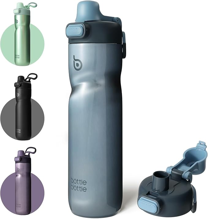 BOTTLE BOTTLE Insulated Water Bottle 24 oz with Handle and Flip Tops Lids Stainless Steel Water Bottle Push Button Lid Leak proof Portable for Running Travel Sports Hiking blue