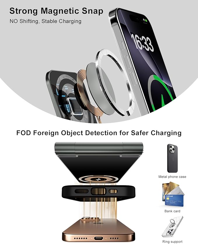 2-in-1 Wireless Charging Station, 15W Fast Mag-Safe Wireless Charger Compatible with iPhone 17 16 15 14 13 12 Pro Max, Foldable Portable Phone Charger Stand with USB-C Cable (No AC Adapter)
