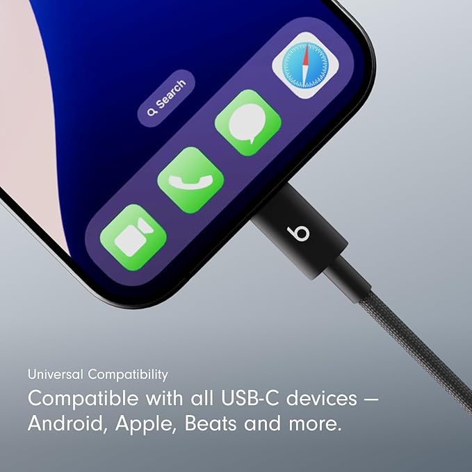 Beats USB-A to USB-C Woven Short Cable Fast Charging Durable/Tangle-Free Compatible Charger for Apple & Android Devices (8 in, 20 cm) - Bolt Black
