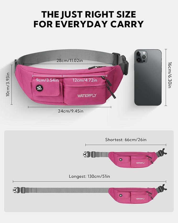 WATERFLY Small Crossbody Fanny Pack: 5 Pocket Slim Lightweight Waist Belt Hip Bag for Women Men Water Resistant Chest Pouch for Travel Hiking Running Walking Fit All Phones - Pink