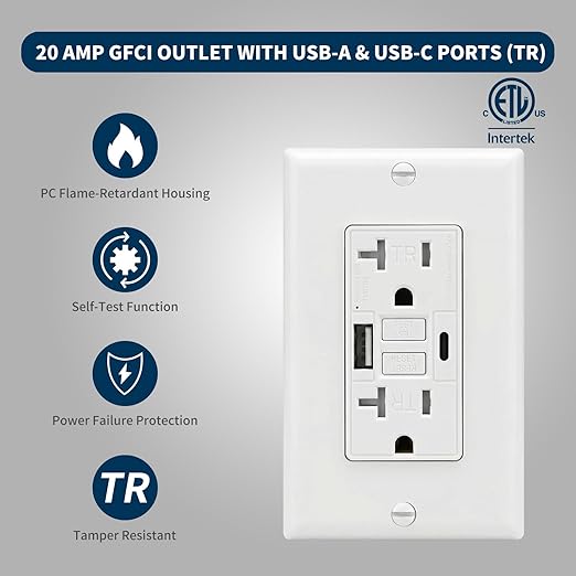 20 Amp GFCI Outlet with USB-A & USB-C Ports, Tamper-Resistant Receptacle, Automatic Self-Test & LED Indicator, in-Wall Installation, Wall Plate Included, ETL Listed, White, 1 Pack